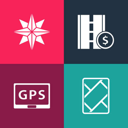 Set pop art Gps device with map, , Toll road traffic sign and Wind rose icon. Vectorのイラスト素材