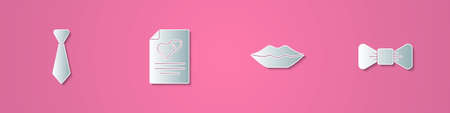 Set paper cut Tie, Greeting card, Smiling lips and Bow tie icon. Paper art style. Vectorのイラスト素材