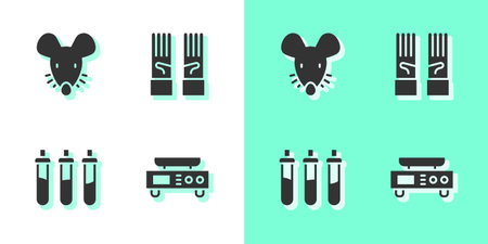 Set Electronic scales, Experimental mouse, Reagent bottle and Medical rubber gloves icon. Vectorのイラスト素材