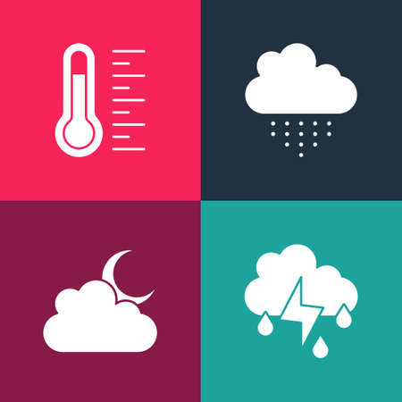 Set pop art Cloud with rain and lightning, moon, and Meteorology thermometer icon. Vectorのイラスト素材