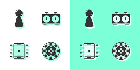 Set Casino roulette wheel, Chip for board game, Hockey table and Time chess clock icon. Vectorのイラスト素材