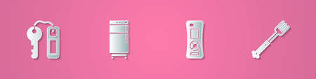Set paper cut Hotel door lock key, Refrigerator, Remote control and Fork icon. Paper art style. Vectorのイラスト素材