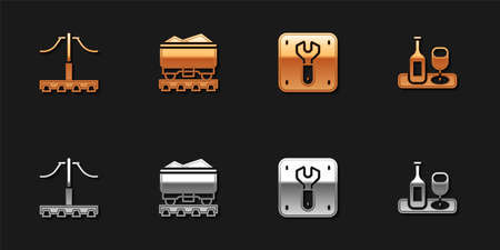 Set Railway, Coal train wagon, Repair of railway and Wine bottle with glass icon. Vectorのイラスト素材