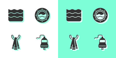 Set Ship bell, Wave, Towel on hanger and porthole with seascape icon. Vectorのイラスト素材