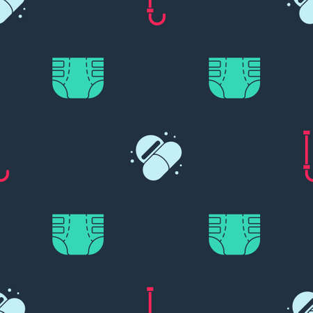 Set Walking stick cane, Medicine pill or tablet and Adult diaper on seamless pattern. Vectorのイラスト素材
