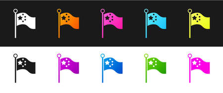 Set China flag on flagpole icon isolated on black and white background. Vectorのイラスト素材
