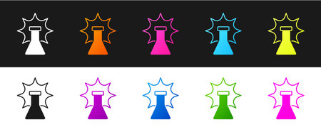 Set Chemical experiment, explosion in the flask icon isolated on black and white background. Chemical explosion in a test tube. Vectorのイラスト素材