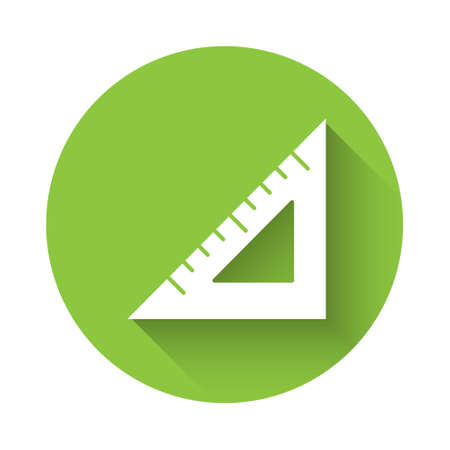 White Triangular ruler icon isolated with long shadow. Straightedge symbol. Geometric symbol. Green circle button. Vectorのイラスト素材