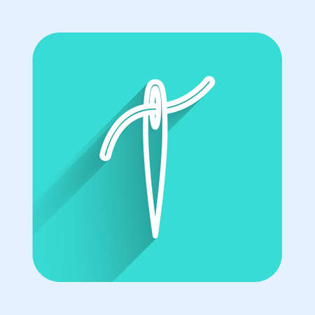 White line Needle for sewing with thread icon isolated with long shadow. Tailor symbol. Textile sew up craft sign. Embroidery tool. Green square button. Vectorのイラスト素材