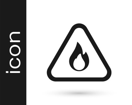 Black Fire flame in triangle icon isolated on white background. Warning sign of flammable product. Vectorのイラスト素材
