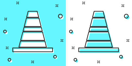 Black line Traffic cone icon isolated on green and white background. Random dynamic shapes. Vectorのイラスト素材