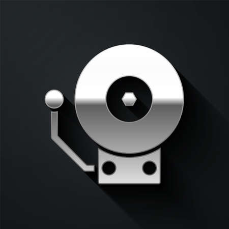 Silver Ringing alarm bell icon isolated on black background. Fire alarm system. Service bell, handbell sign, notification symbol. Long shadow style. Vectorのイラスト素材
