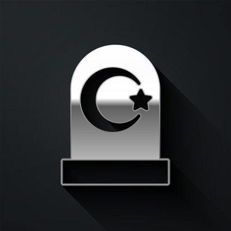 Silver Muslim cemetery icon isolated on black background. Islamic gravestone. Long shadow style. Vectorのイラスト素材