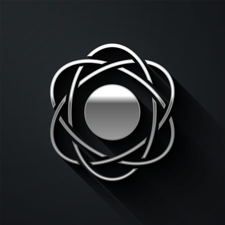 Silver Atom icon isolated on black background. Symbol of science, education, nuclear physics, scientific research. Long shadow style. Vectorのイラスト素材
