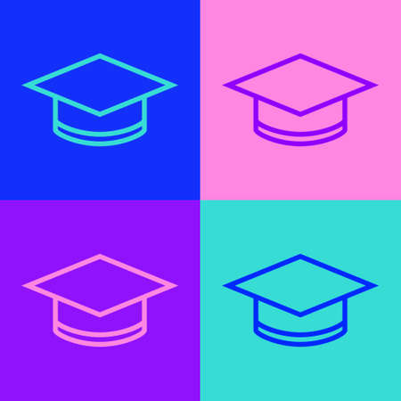 Pop art line Graduation cap icon isolated on color background. Graduation hat with tassel icon. Vectorのイラスト素材