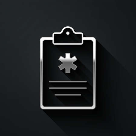 Silver Medical clipboard with clinical record icon isolated on black background. Health insurance form. Prescription, medical check marks report. Long shadow style. Vectorのイラスト素材