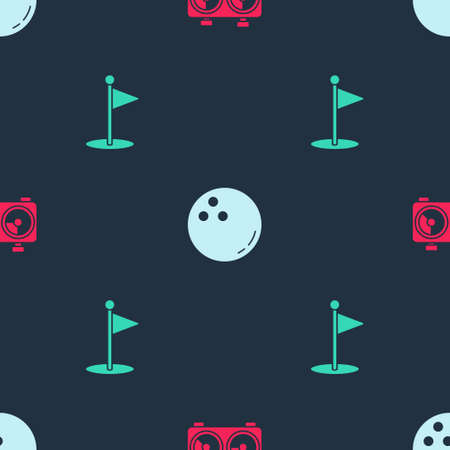 Set Time chess clock, Bowling ball and Golf flag on seamless pattern. Vectorのイラスト素材