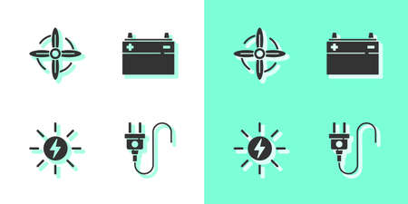 Set Electric plug, Wind turbine, Solar energy panel and Car battery icon. Vectorのイラスト素材