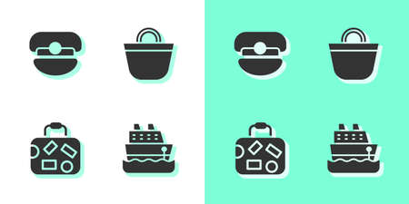 Set Cruise ship, Captain hat, Suitcase and Beach bag icon. Vectorのイラスト素材
