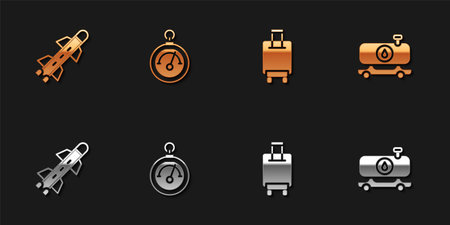 Set Rocket, Barometer, Suitcase and Fuel tanker truck icon. Vectorのイラスト素材