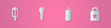 Set paper cut Ice cream, Microphone, Punching bag and Paper shopping icon. Paper art style. Vectorのイラスト素材