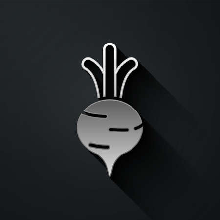 Silver Fresh beet with leaf icon isolated on black background. Natural Root. Vegetable Ingredient for food. Long shadow style. Vectorのイラスト素材