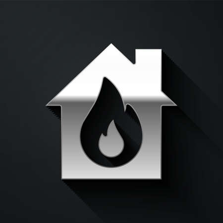 Silver Fire in burning house icon isolated on black background. Long shadow style. Vectorのイラスト素材
