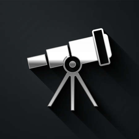 Silver Telescope icon isolated on black background. Scientific tool. Education and astronomy element, spyglass and study stars. Long shadow style. Vectorのイラスト素材