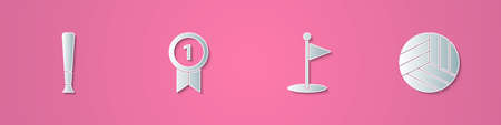 Set paper cut Baseball bat, Medal, Golf flag and Volleyball icon. Paper art style. Vectorのイラスト素材