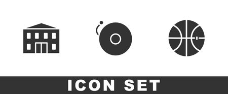 Set School building, Ringing alarm bell and Basketball ball icon. Vectorのイラスト素材