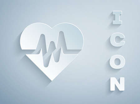 Paper cut Heart rate icon isolated on grey background. Heartbeat sign. Heart pulse icon. Cardiogram...