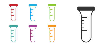 Black Test tube and flask chemical laboratory test icon isolated on white background. Laboratory glassware sign. Set icons colorful. Vectorのイラスト素材