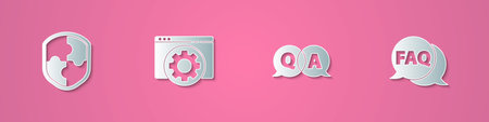 Set paper cut Shield, Browser setting, Question and Answer and Speech bubble with FAQ icon. Paper art style. Vectorのイラスト素材