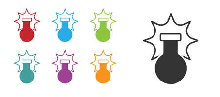 Black Chemical experiment, explosion in the flask icon isolated on white background. Chemical explosion in a test tube. Set icons colorful. Vectorのイラスト素材