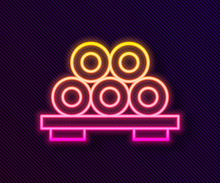 Glowing neon line Sushi on cutting board icon isolated on black background. Asian food sushi on wooden board. Vectorのイラスト素材