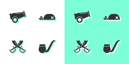 Set Smoking pipe, Cannon, Crossed pirate swords and Pirate bandana for head icon. Vectorのイラスト素材
