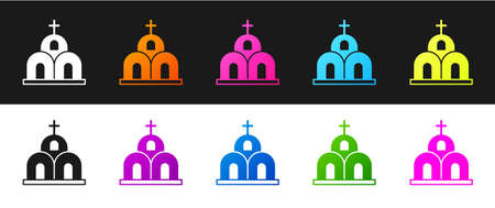 Set Church building icon isolated on black and white background. Christian Church. Religion of church. Vectorのイラスト素材