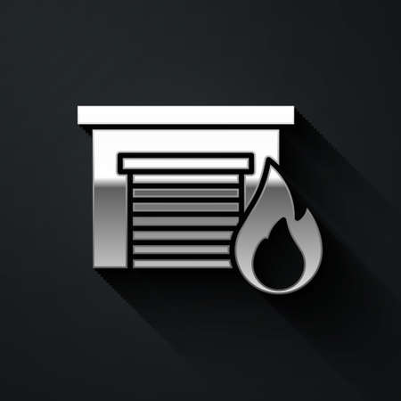 Silver Fire in burning garage icon isolated on black background. Long shadow style. Vectorのイラスト素材