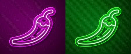 Glowing neon line Hot chili pepper pod icon isolated on purple and green background. Design for...