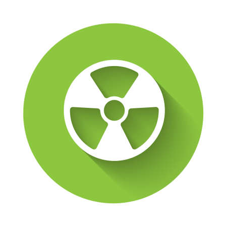 White Radioactive icon isolated with long shadow. Radioactive toxic symbol. Radiation Hazard sign. Green circle button. Vectorのイラスト素材