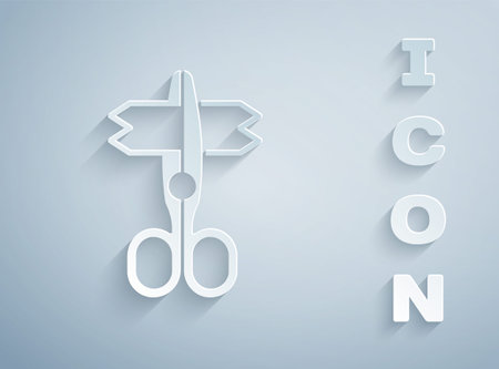 Paper cut Scissors icon isolated on grey background. Tailor symbol. Cutting tool sign. Paper art style. Vectorのイラスト素材