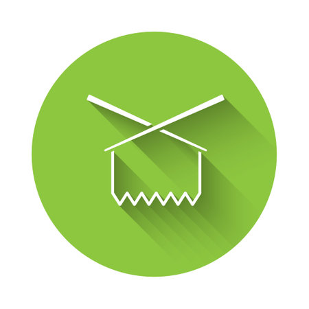 White Knitting needles icon isolated with long shadow. Label for hand made, knitting or tailor shop. Green circle button. Vectorのイラスト素材