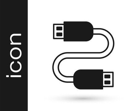 Black USB cable cord icon isolated on white background. Connectors and sockets for PC and mobile devices. Vectorのイラスト素材