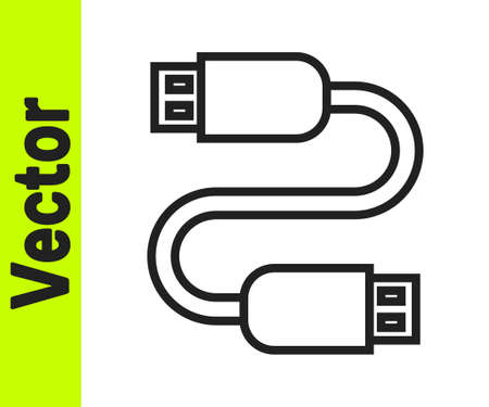 Black line USB cable cord icon isolated on white background. Connectors and sockets for PC and mobile devices. Vectorのイラスト素材