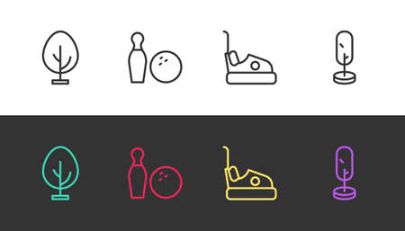 Set line Tree, Bowling pin and ball, Bumper car and on black and white. Vectorのイラスト素材
