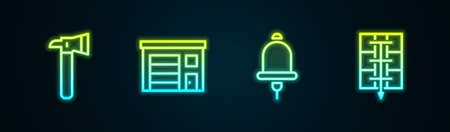 Set line Firefighter axe, Building of fire station, Ringing alarm bell and Evacuation plan. Glowing neon icon. Vectorのイラスト素材