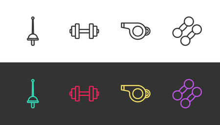 Set line Fencing, Dumbbell, Whistle and on black and white. Vectorのイラスト素材