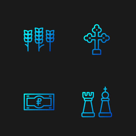 Set line Chess, Russian ruble banknote, Wheat and Christian cross. Gradient color icons. Vectorのイラスト素材