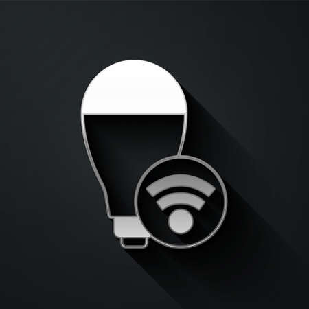 Silver Smart light bulb system icon isolated on black background. Energy and idea symbol. Internet of things concept with wireless connection. Long shadow style. Vectorのイラスト素材