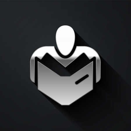 Silver Man reading book icon isolated on black background. Long shadow style. Vectorのイラスト素材